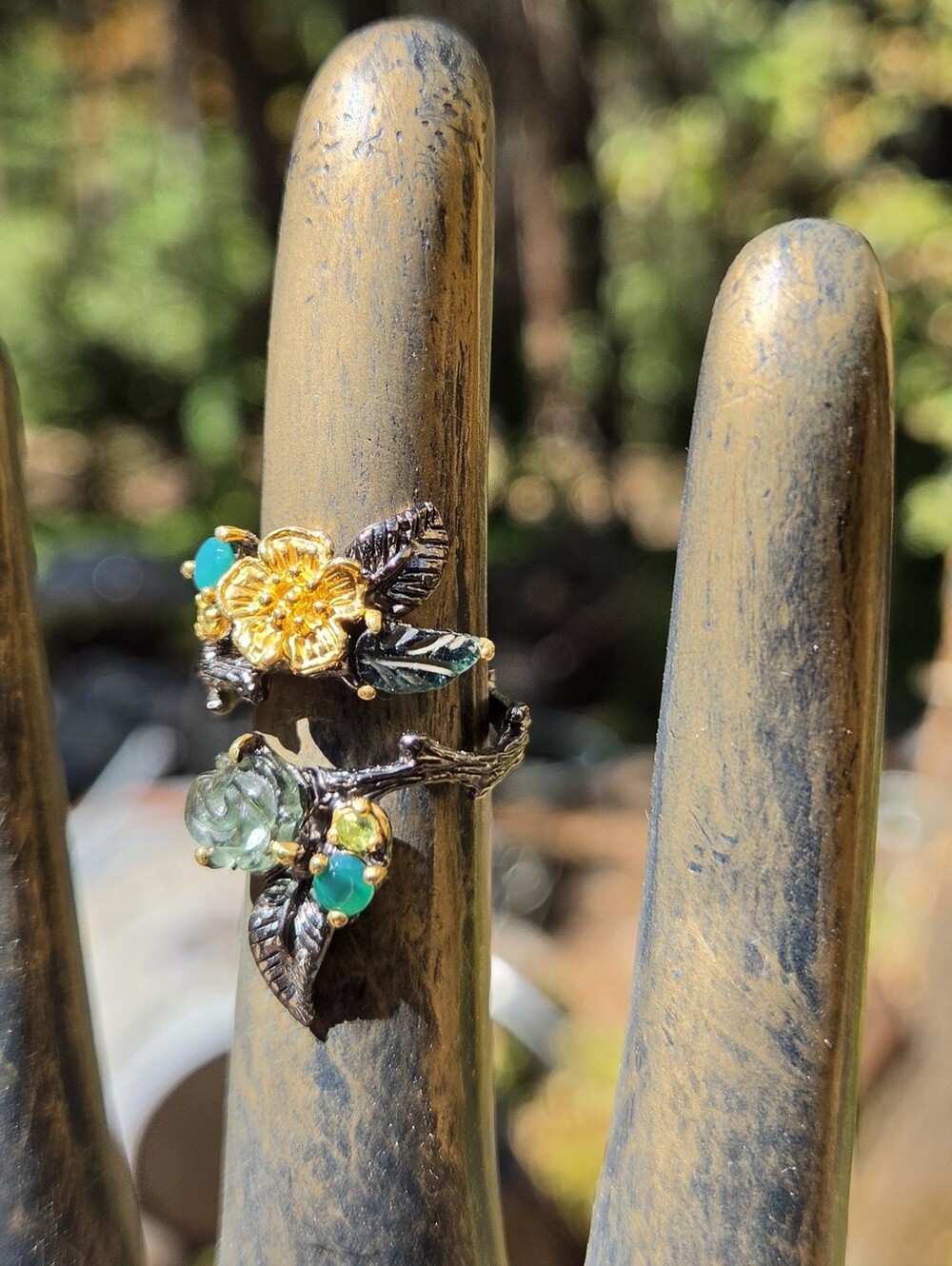Tourmaline Peridot&Green Onyx Sterling Rhodium&Gold Floral Finger Cuff 6.25 - Picture 4 of 10